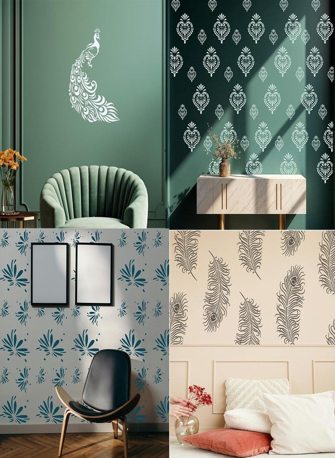 ARandNJ قوالب رسم جدارية من ARandNJ (المقاس: 16 × 24 بوصة) - نقش: طاووس أنيق، فن ميواري، فن الرش، تصميم ريش مايوري. مثالية لتزيين جدران المنزل (عبوة من 4 قطع). - Image 1